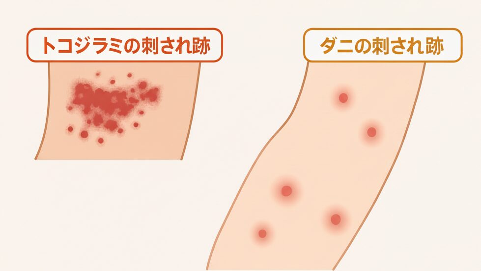 トコジラミとダニの症状の違いは?刺された跡をイラスト解説|住まいのカビ・害虫・臭い対策辞典|DOSHIYOU
